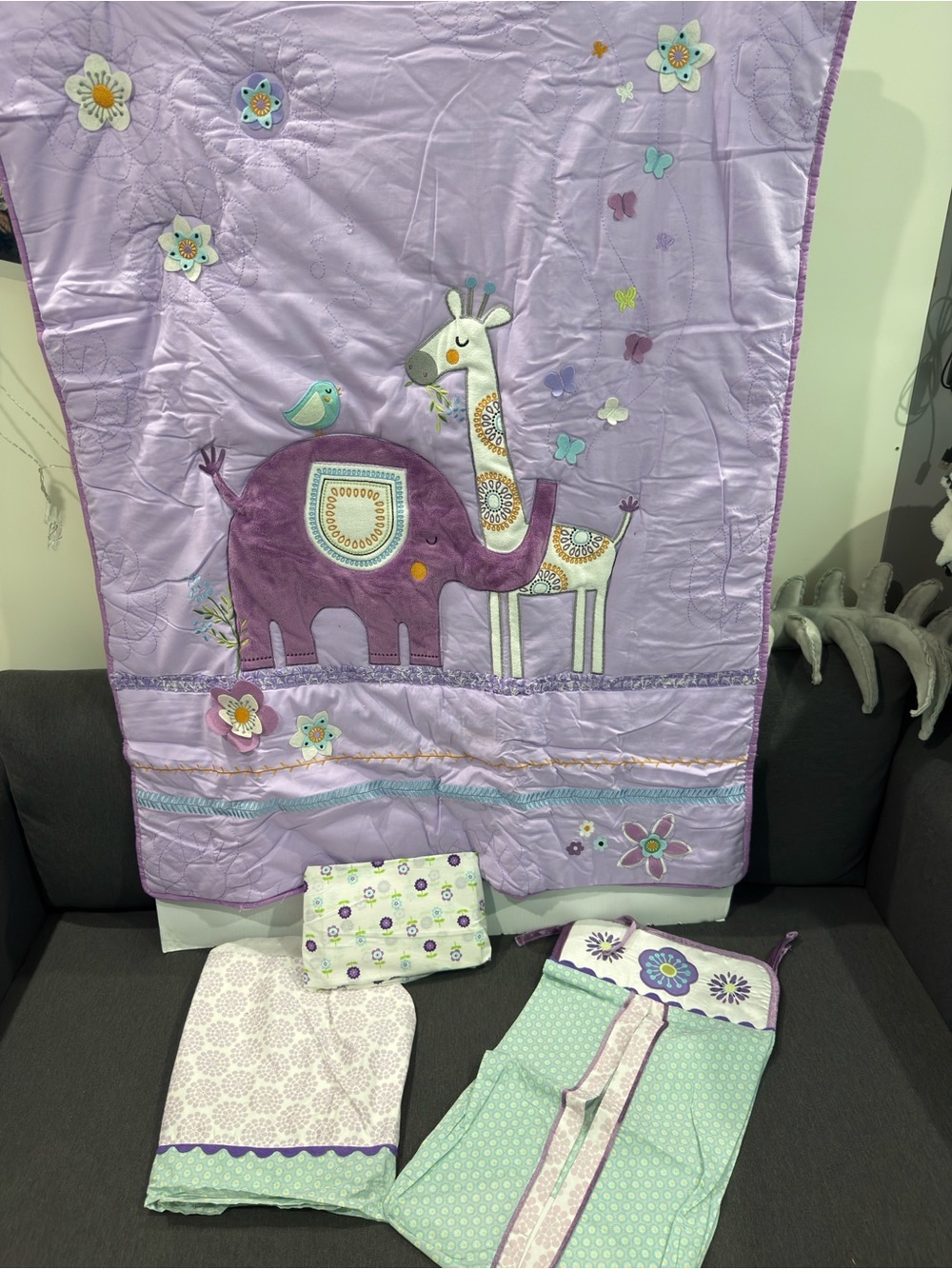 Lavender elephant & Giraffe Nursery crib bedding Set New see Details